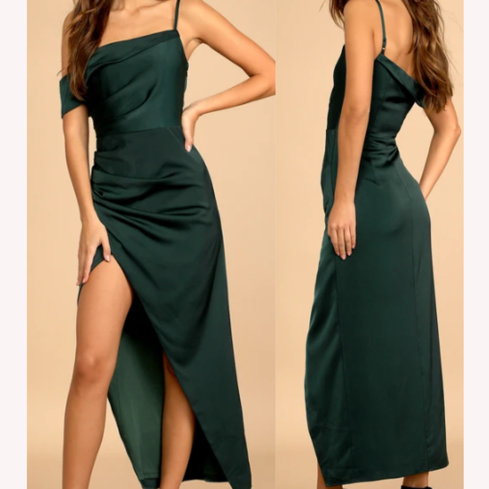 LULU'S  L Showing Off a Little Dark Green Asymmetrical Tulip Midi Dress NEW B149